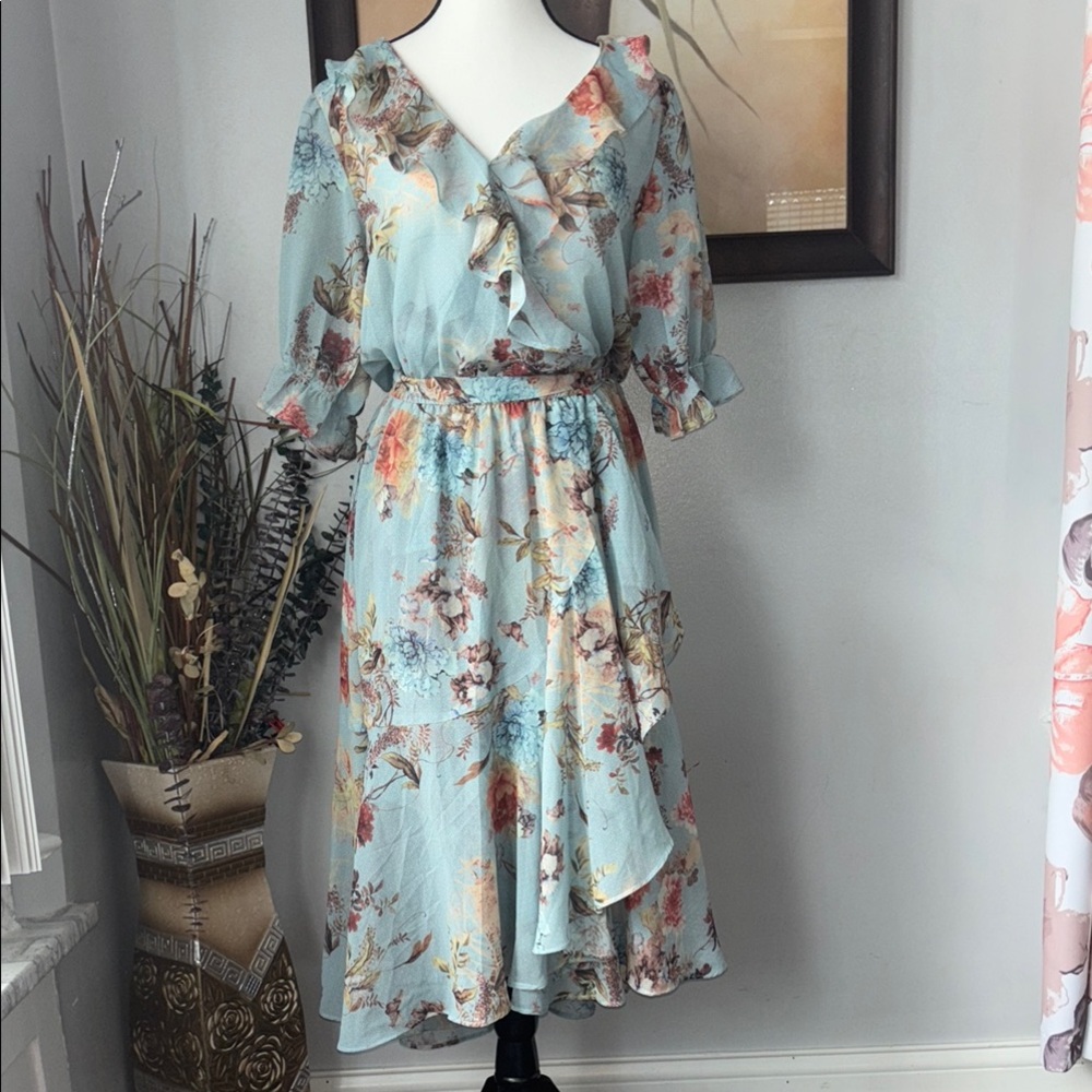 Buffalo David Bitton Floral Ruffle Midi Dress in Light Blue Size M